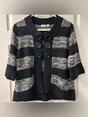 Cato Black Grey Striped Knit Cardigan Large Buttons Short Sleeve Size L